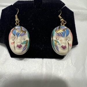 White and Blue Artistic Mask Earrings with Statement Design